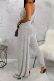 Silver Casual Solid Patchwork Oblique Collar Skinny Jumpsuits