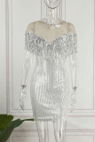 Silver Sexy Patchwork Tassel Sequins See-through O Neck Evening Dress Dresses