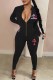 Black Street Print Patchwork Zipper Collar Jumpsuits