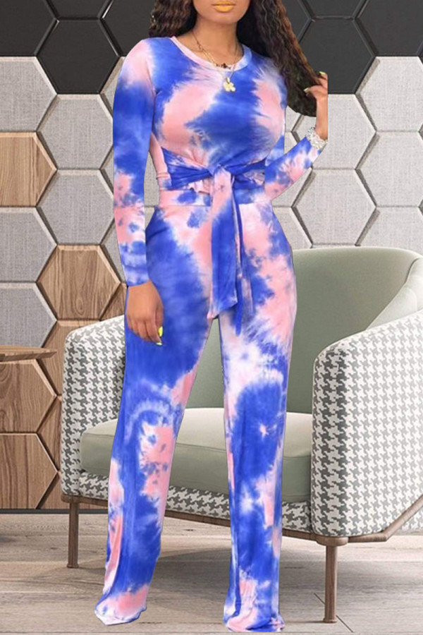 Deep Blue Casual Print Tie-dye O Neck Long Sleeve Two Pieces