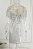 Silver Sexy Patchwork Tassel Sequins See-through O Neck Evening Dress Dresses