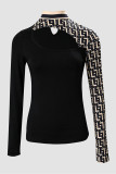 Black Red Casual Print Hollowed Out Patchwork Turtleneck Tops