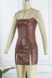 Brown Sexy Solid Patchwork Backless Slit Strapless Sleeveless Dress Dresses