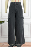 Black Casual Solid Patchwork High Waist Regular Denim Jeans