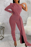 Pink Casual Solid Patchwork Oblique Collar Skinny Jumpsuits