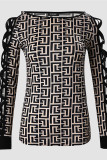 Orange Casual Print Hollowed Out Patchwork O Neck Tops