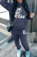 Navy Blue Casual Letter Print Basic Hooded Collar Long Sleeve Two Pieces