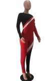 Red Casual Patchwork Basic O Neck Long Sleeve Two Pieces