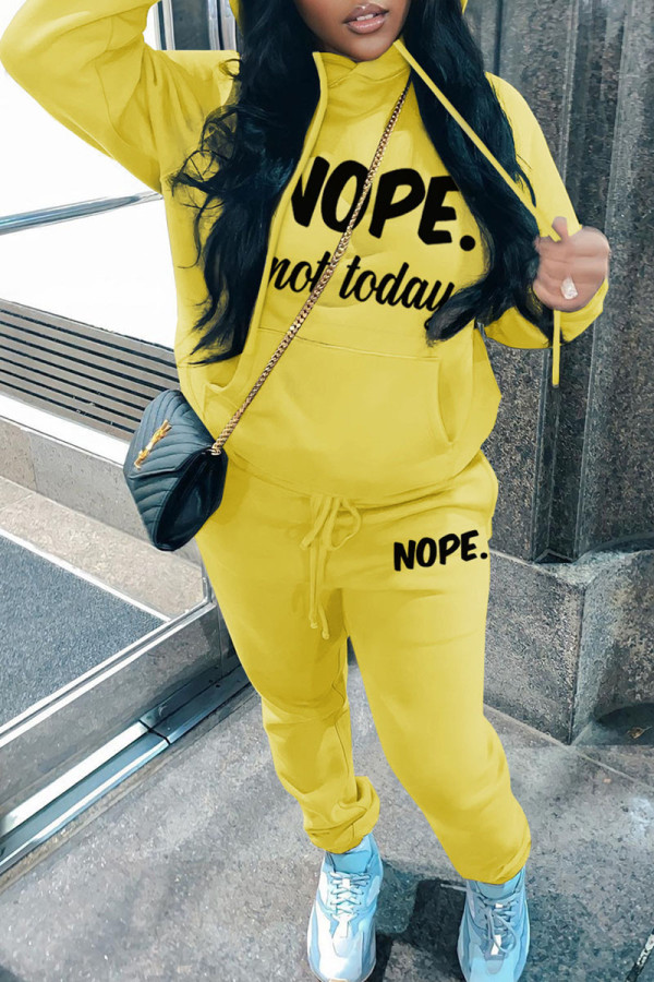 Yellow Casual Letter Print Basic Hooded Collar Long Sleeve Two Pieces