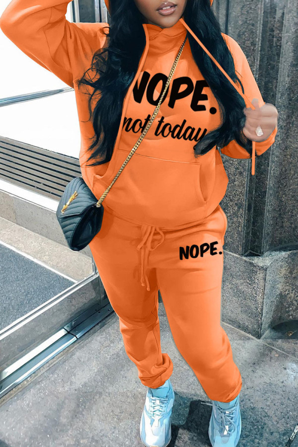 Orange Casual Letter Print Basic Hooded Collar Long Sleeve Two Pieces