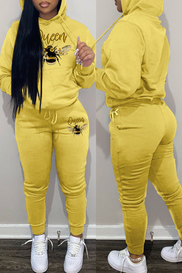 Yellow Casual Print Patchwork Hooded Collar Long Sleeve Two Pieces