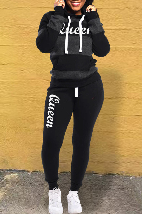 Grey Casual Letter Striped Print Patchwork Contrast Hooded Collar Long Sleeve Two Pieces