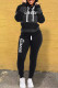 Grey Casual Letter Striped Print Patchwork Contrast Hooded Collar Long Sleeve Two Pieces