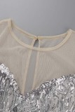 Silver Sexy Patchwork Tassel Sequins See-through O Neck Evening Dress Dresses