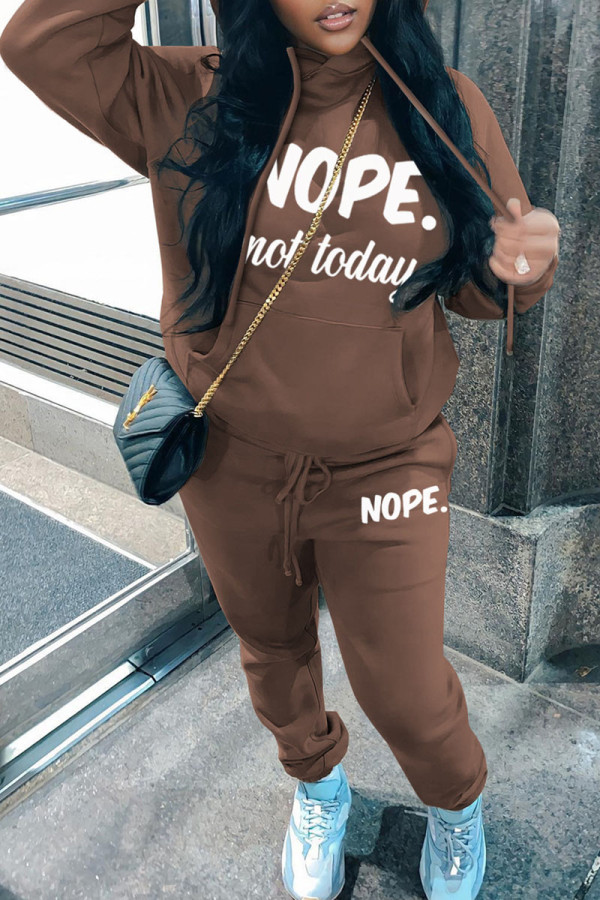 Coffee Casual Letter Print Basic Hooded Collar Long Sleeve Two Pieces