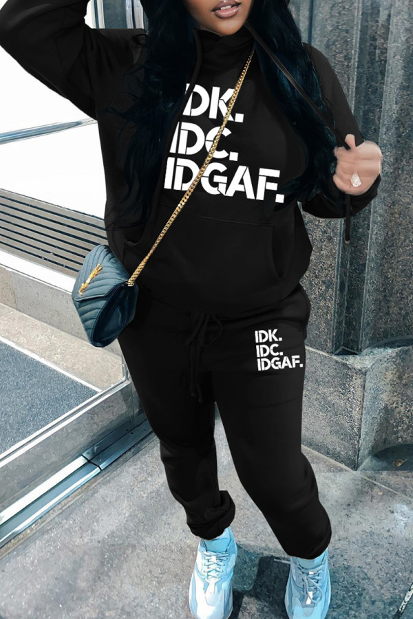 Black Casual Letter Print Basic Hooded Collar Long Sleeve Two Pieces