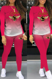 Red Casual Gradual Change Print Patchwork O Neck Long Sleeve Two Pieces