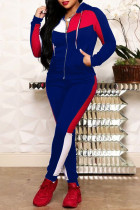 Blue Casual Patchwork Contrast Hooded Collar Long Sleeve Two Pieces