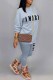 Light Blue Casual Print Letter O Neck Long Sleeve Two Pieces
