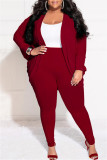 Rose Red Casual Solid Cardigan Pants Cardigan Collar Plus Size Two Pieces