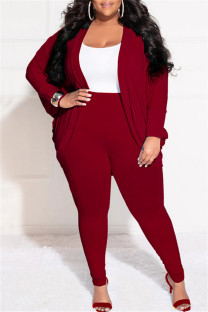 Burgundy Casual Solid Cardigan Pants Cardigan Collar Plus Size Two Pieces