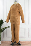 Camel Casual Solid Patchwork Hooded Collar Long Sleeve Two Pieces
