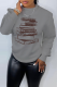 Grey Plus Size Street Vintage Print Patchwork Letter O Neck Tops