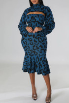 Blue Sexy Print Patchwork Flounce Half A Turtleneck Long Sleeve Two Pieces