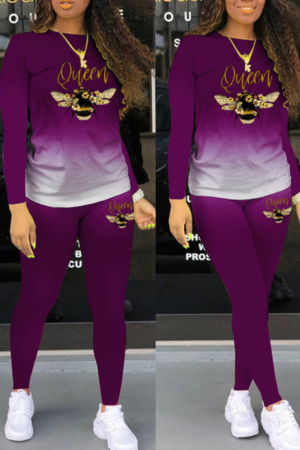 Purple Casual Gradual Change Print Patchwork O Neck Long Sleeve Two Pieces