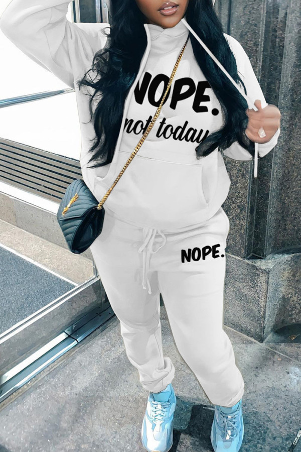 White Casual Letter Print Basic Hooded Collar Long Sleeve Two Pieces