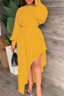 Yellow Casual Solid Slit O Neck Long Sleeve Dresses