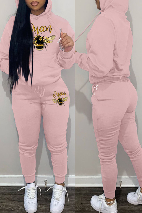 Pink Casual Print Patchwork Hooded Collar Long Sleeve Two Pieces