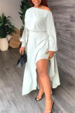 Yellow Casual Solid Slit O Neck Long Sleeve Dresses