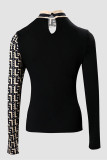 Black Red Casual Print Hollowed Out Patchwork Turtleneck Tops