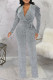 Silver Sexy Solid Bandage Patchwork V Neck Straight Jumpsuits