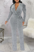 Silver Sexy Solid Bandage Patchwork V Neck Straight Jumpsuits