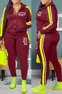Burgundy Casual Letter Print Patchwork Zipper Collar Long Sleeve Two Pieces