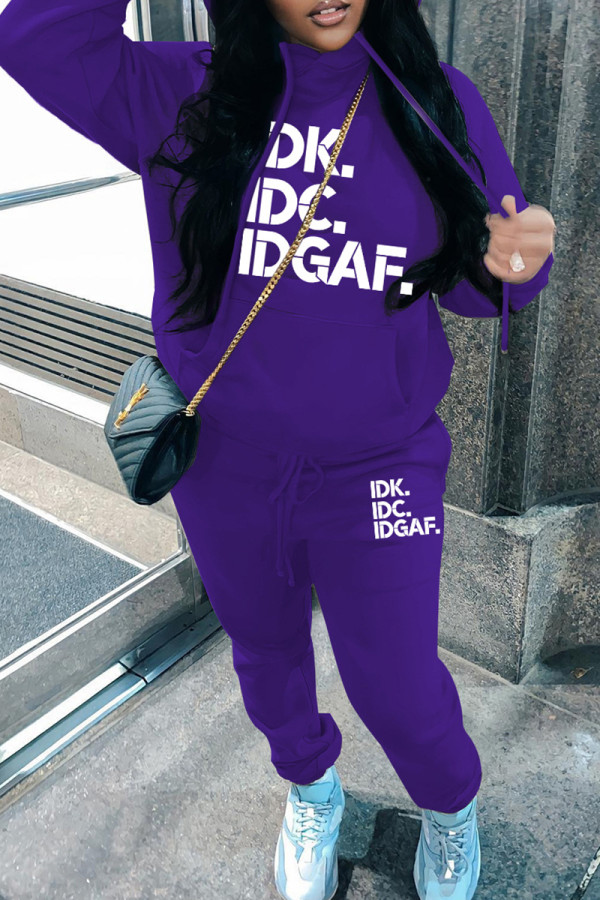 Dark Purple Casual Letter Print Basic Hooded Collar Long Sleeve Two Pieces