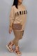Khaki Casual Print Letter O Neck Long Sleeve Two Pieces