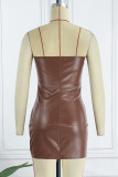 Brown Sexy Solid Patchwork Backless Slit Strapless Sleeveless Dress Dresses