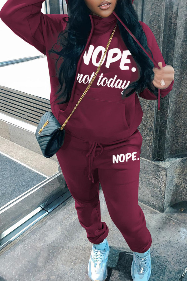Burgundy Casual Letter Print Basic Hooded Collar Long Sleeve Two Pieces