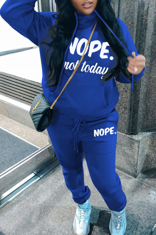 Blue Casual Letter Print Basic Hooded Collar Long Sleeve Two Pieces