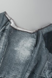 Blue Casual Print Ripped Oblique Collar Long Sleeve Two Pieces