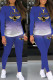 Blue Casual Gradual Change Print Patchwork O Neck Long Sleeve Two Pieces
