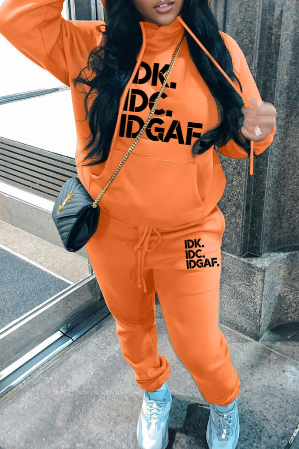 Orange Casual Letter Print Basic Hooded Collar Long Sleeve Two Pieces