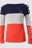 Orange Casual Print Hollowed Out Patchwork O Neck Tops