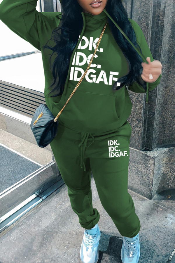 Green Casual Letter Print Basic Hooded Collar Long Sleeve Two Pieces