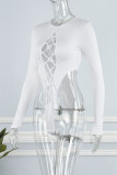White Sexy Solid Hollowed Out Frenulum O Neck Skinny Romper