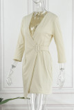 Apricot Casual Solid Patchwork V Neck Long Sleeve Dresses