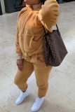 Camel Casual Solid Patchwork Hooded Collar Long Sleeve Two Pieces